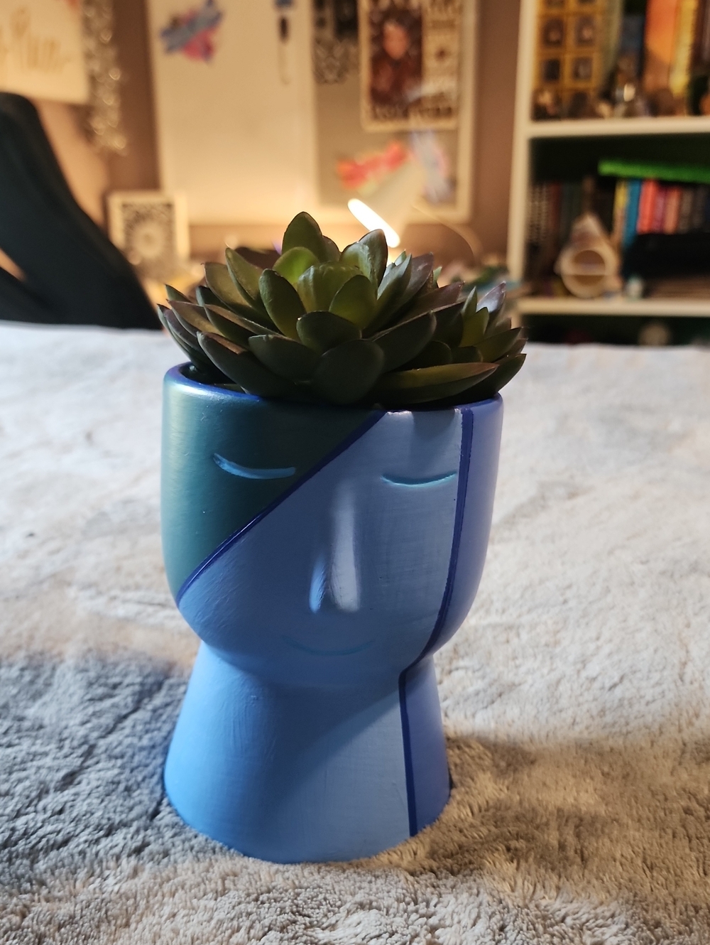 Hand Painted Face Pot, with fake plants!